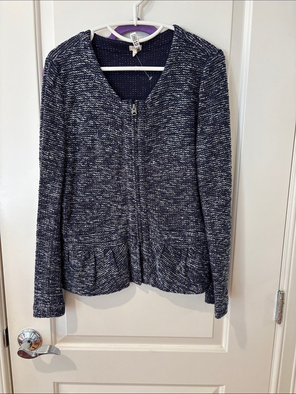 J. Crew Navy and Light Cream  Zip Peplum Cardigan